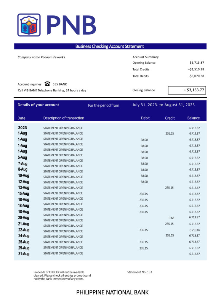 Fake Philippine National Business Bank Statement