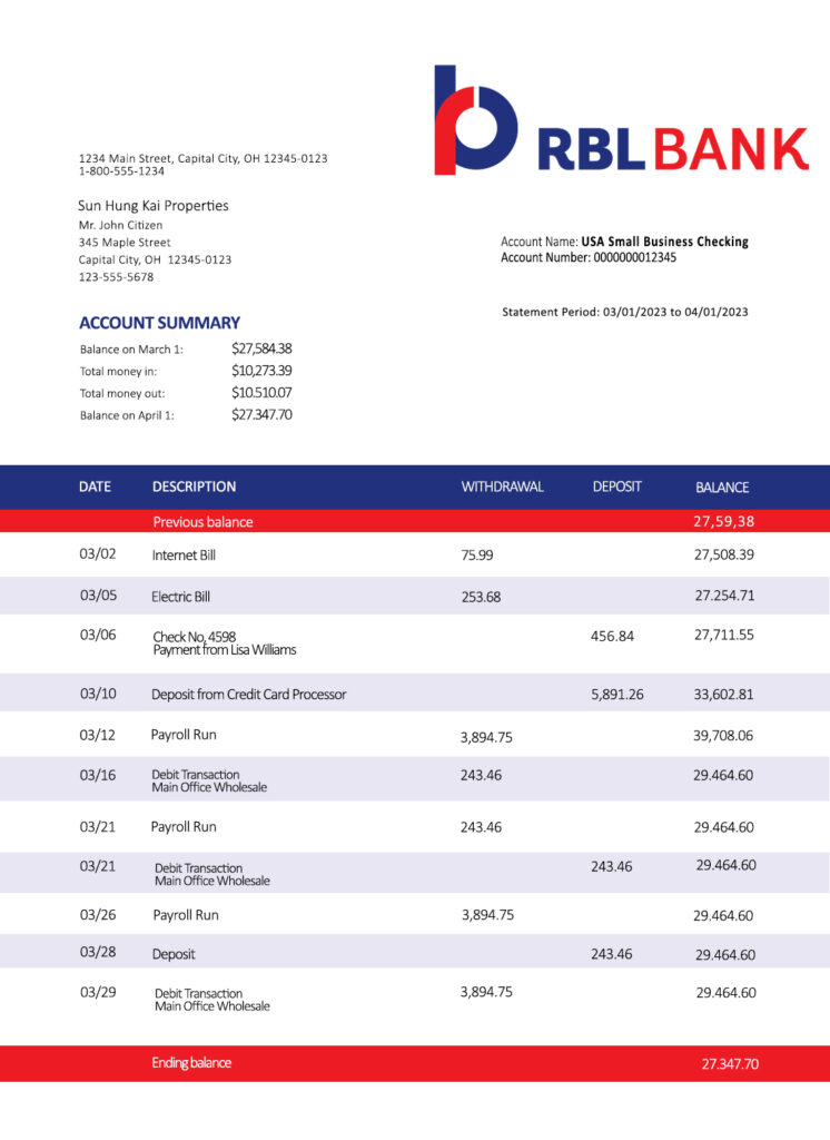 Fake RBL Bank enterprise Business Bank Statement