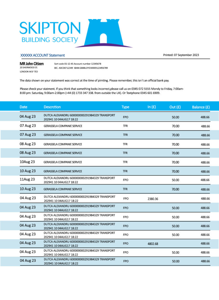 Fake Skipton Building Society Business Bank Statement