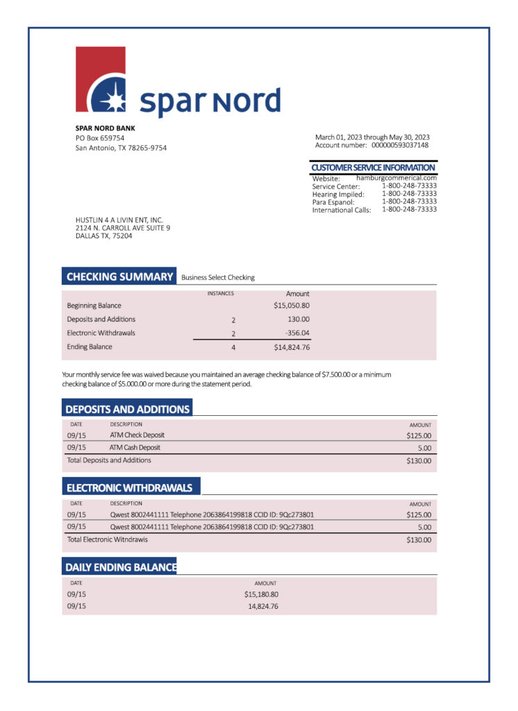 Fake Spar Nord Bank company Business Bank Statement