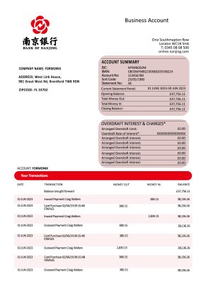 Fake Bank of Nanjing Business Statement