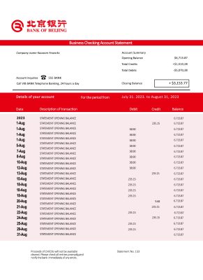Fake Beijing Business Bank Statement