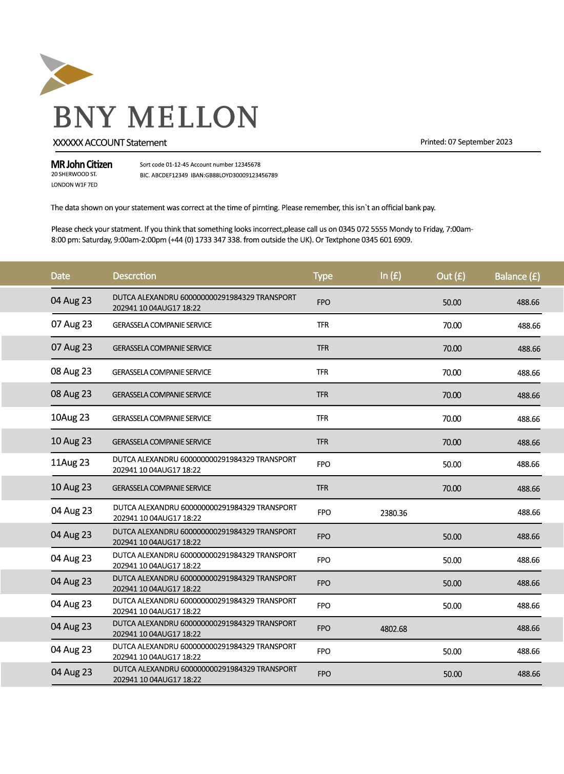 Fake Bny Mellon Business Bank Statement