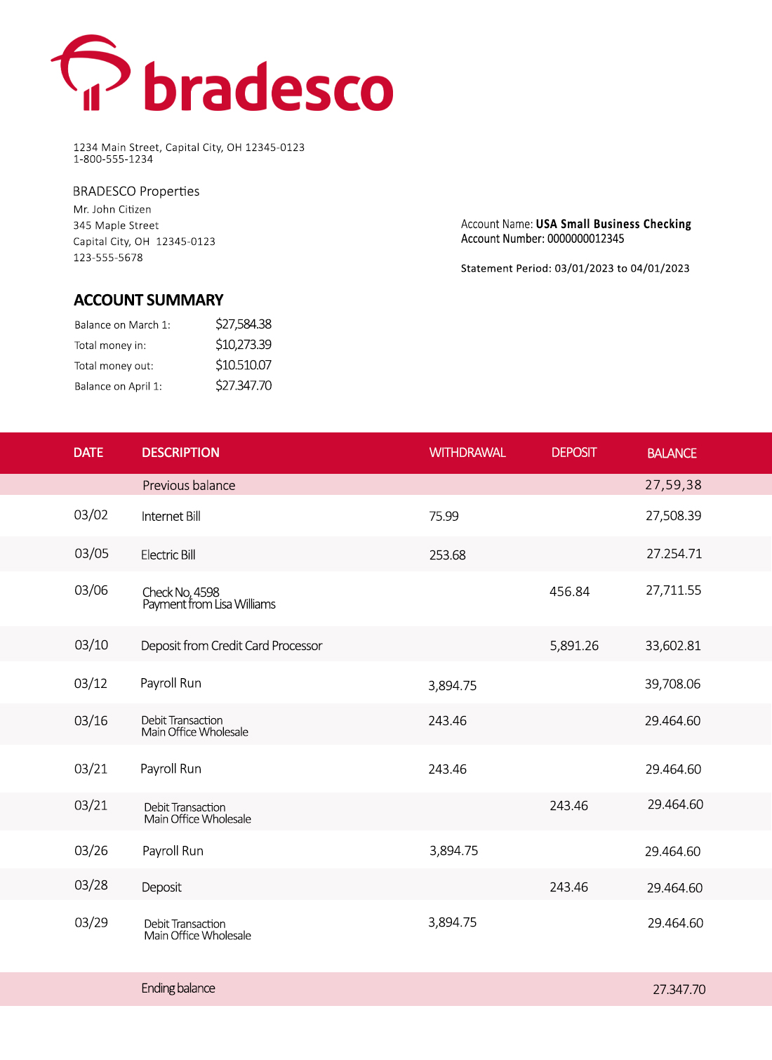 Fake Bradesco Business Bank Statement