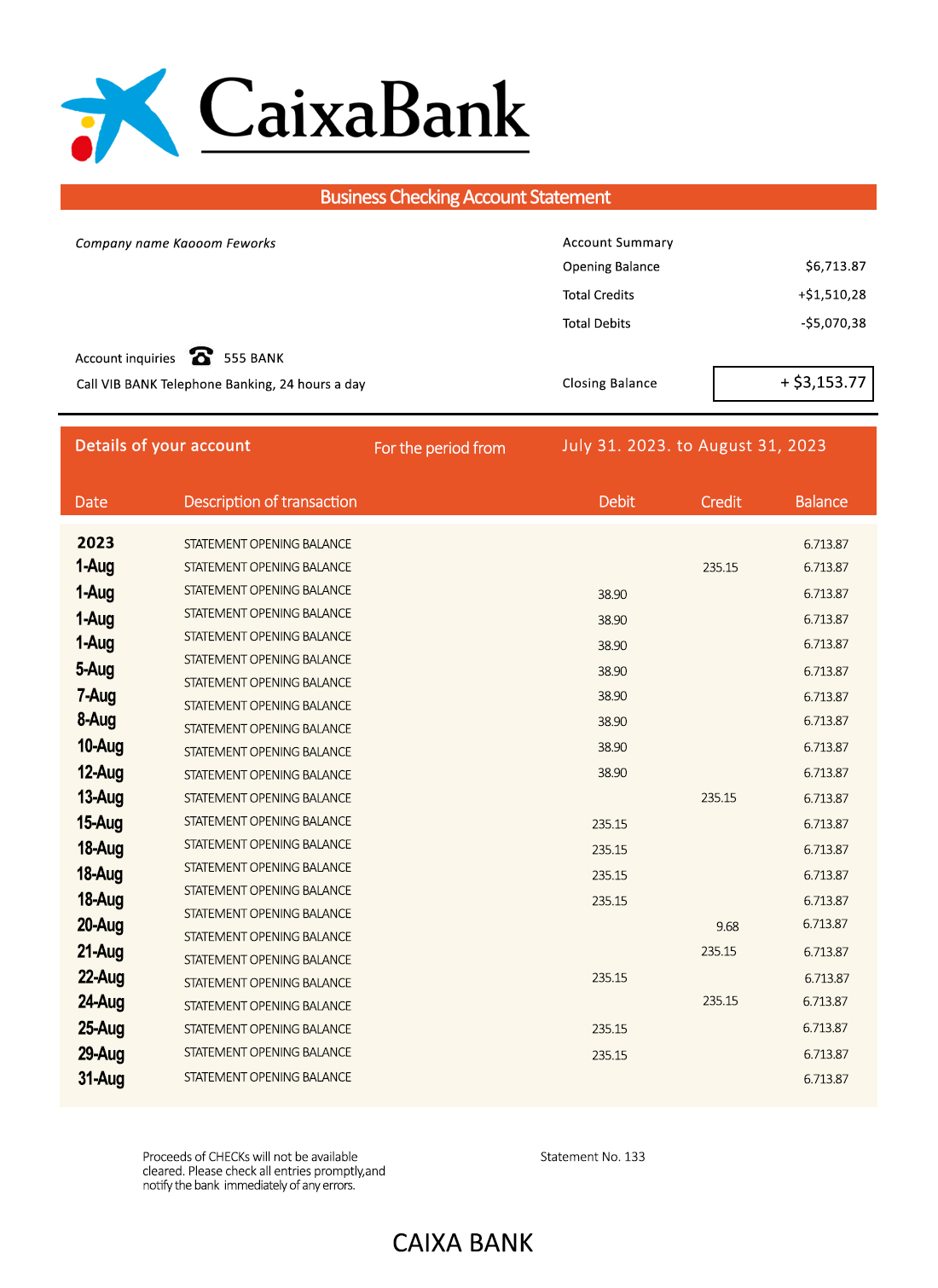 Fake Caixabank Business Bank Statement