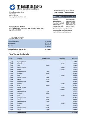 Fake China Construction Business Bank Statement
