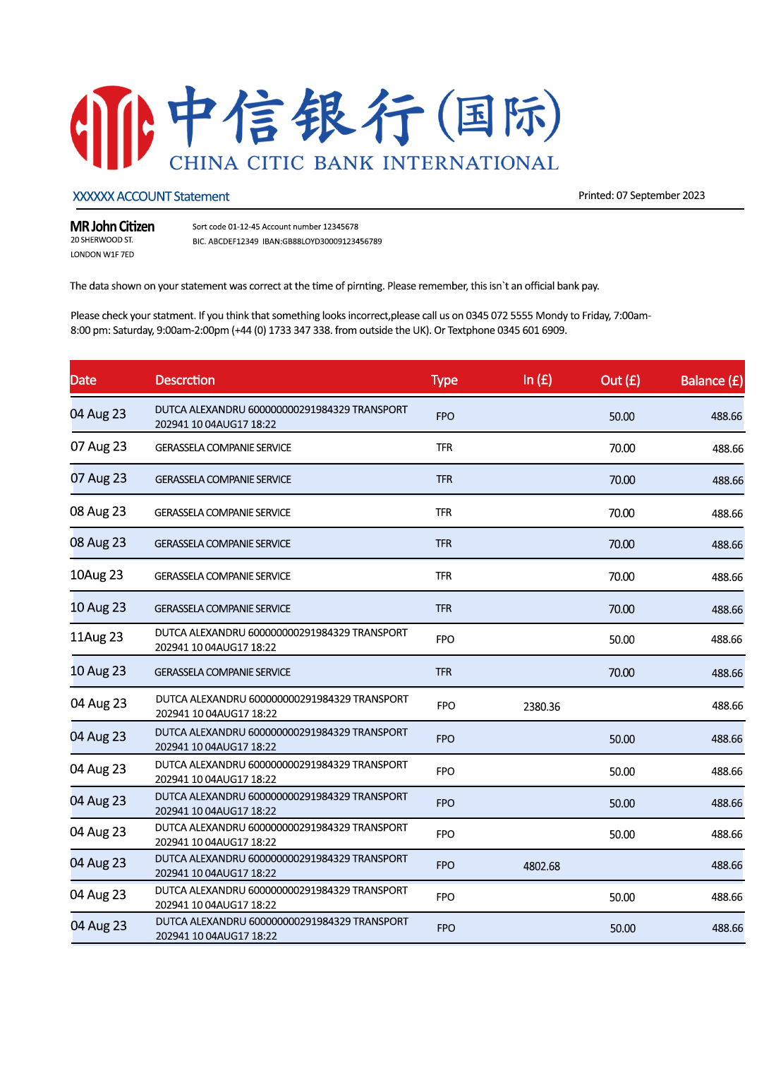 Fake China citic Business Bank Statement