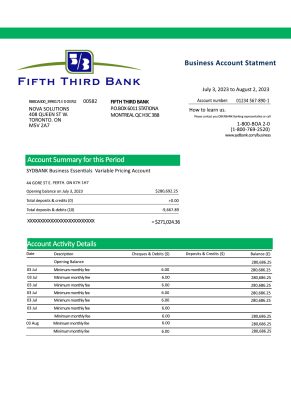 Fake Fifth Third Business Bank Statement