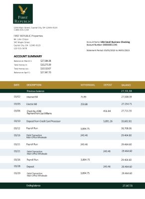 Fake First Republic Business Bank Statement