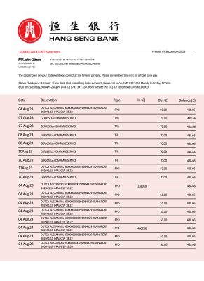 Fake HANG Seng Business Bank Statement