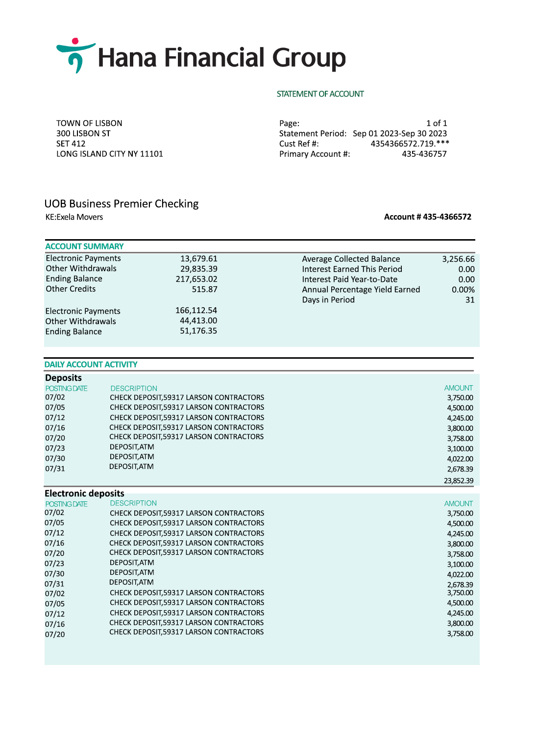 Fake Hana Financial Group Business Bank Statement