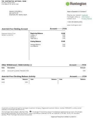 Fake Huntington Bancshares corporate Business Bank Statement