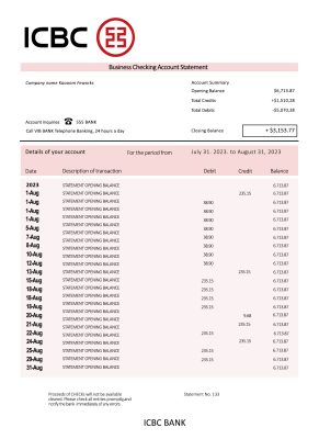 Fake ICBC Business Bank Statement