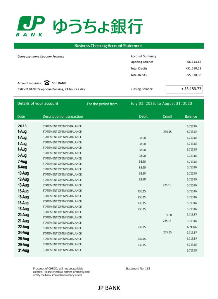 Fake JP Bank (Japan Post Bank) Business Statement