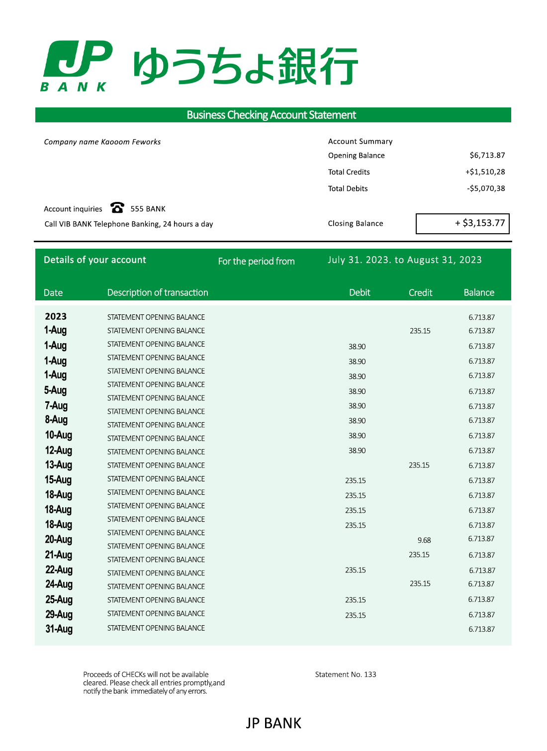 Fake JP Bank (Japan Post Bank) Business Statement