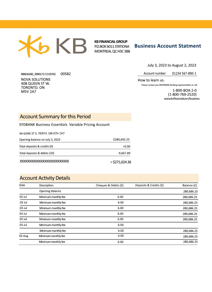 Fake KB Financial Group Business Bank Statement