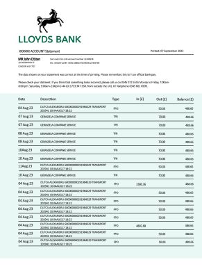Fake Lioyds Business Bank Statement