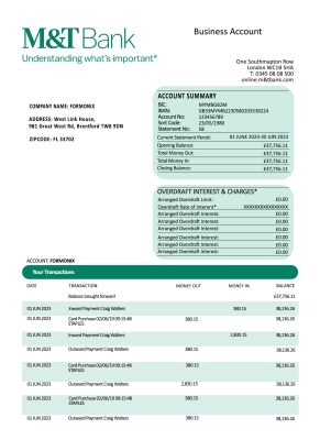 Fake M&T Business Bank Statement