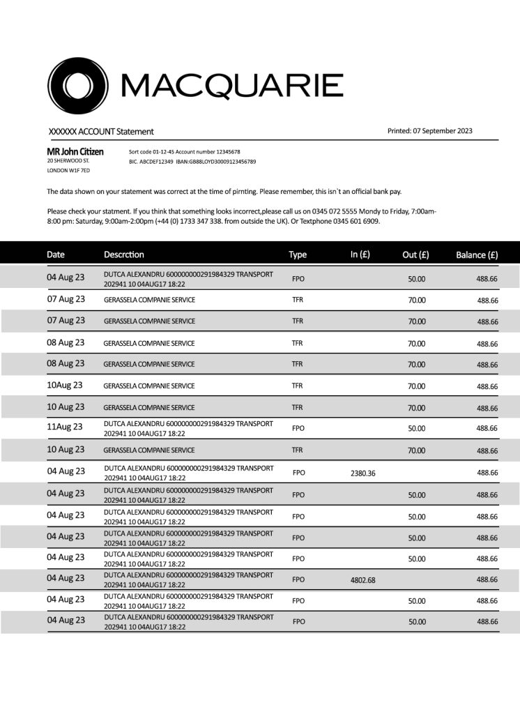 Fake Macquarie Business Bank Statement