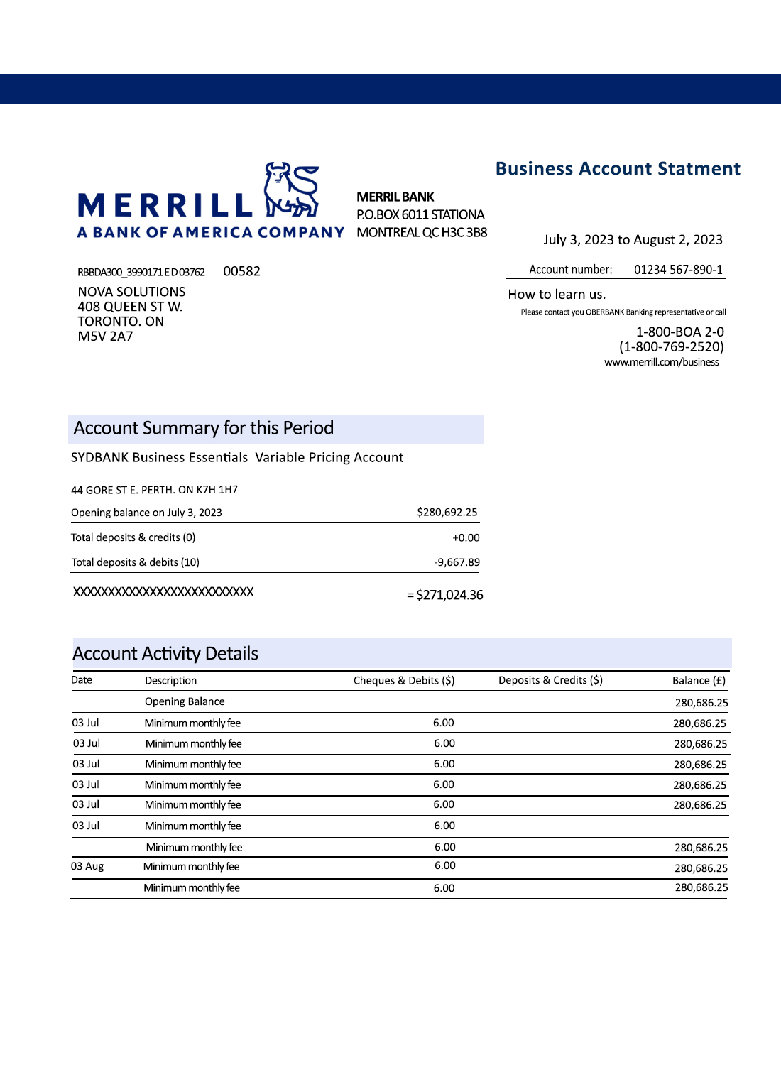 Fake Merrill Business Bank Statement