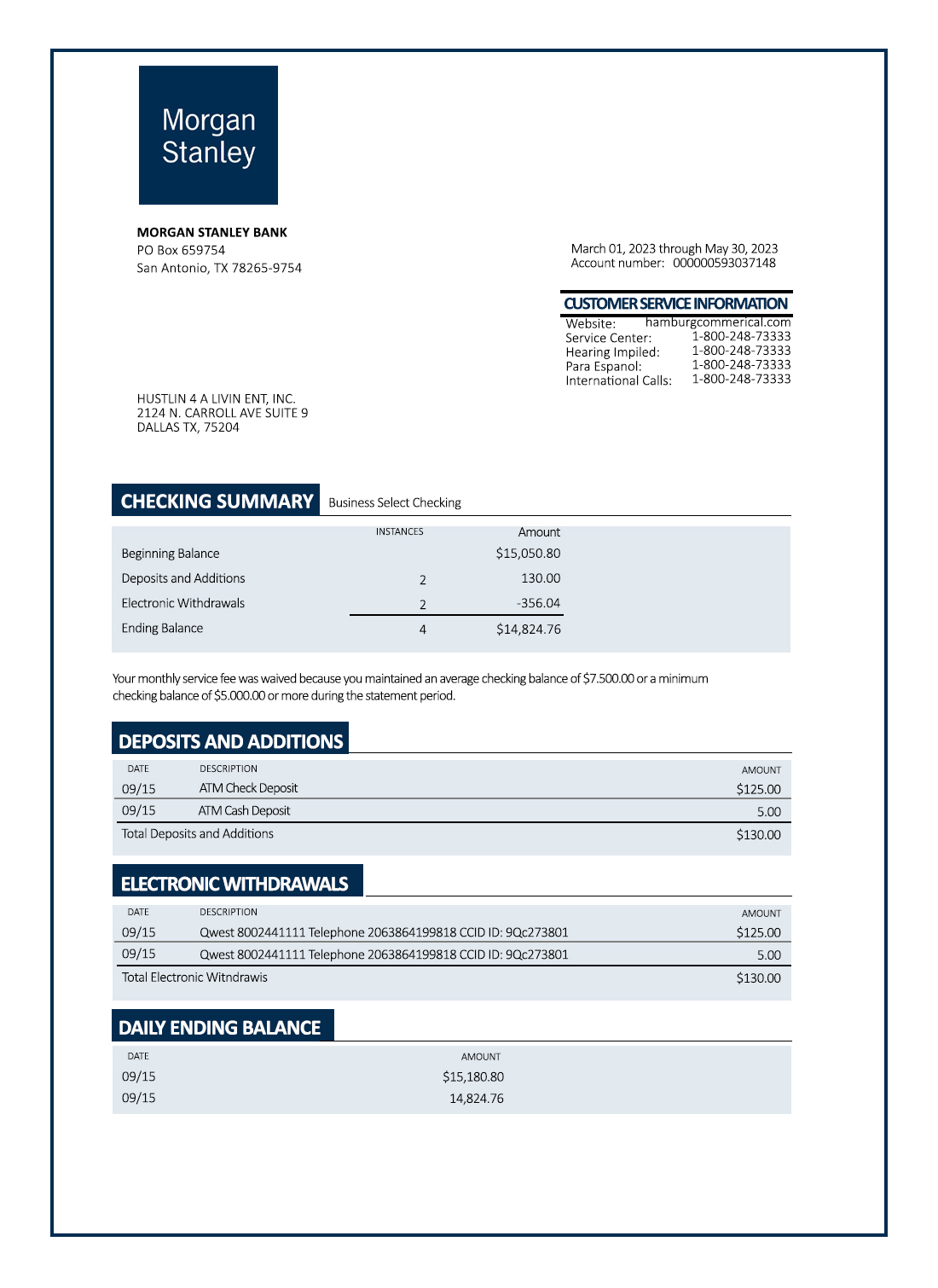 Fake Morgan Stanley Business Bank Statement