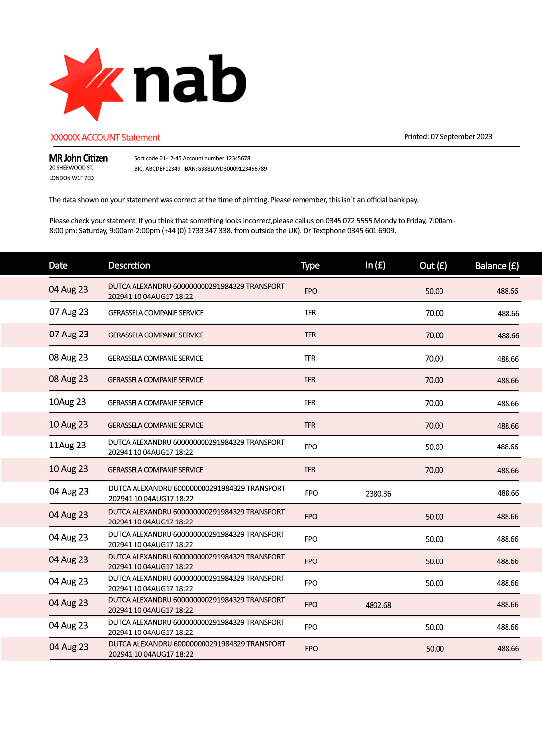 Fake NAB Business Bank Statement