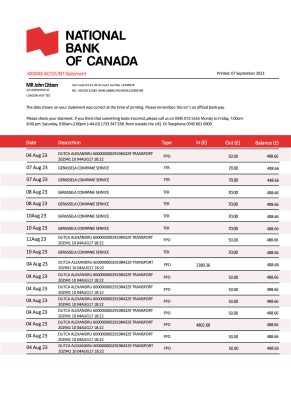 Fake National Bank of Canada Business Bank Statement