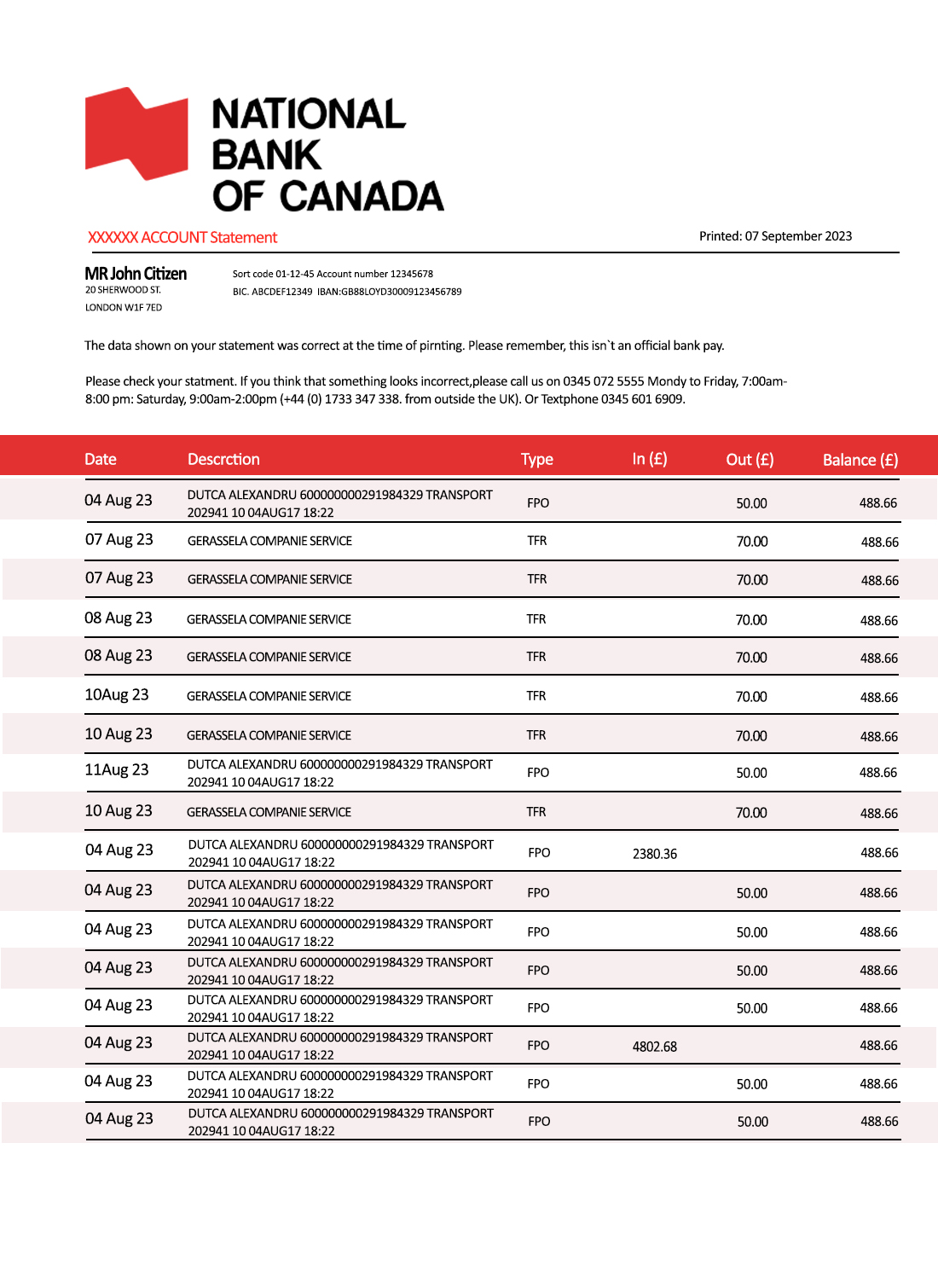 Fake National Bank of Canada Business Bank Statement
