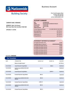 Fake Nationwide Building Society Business Bank Statement
