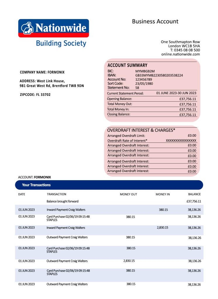 Fake Nationwide Building Society Business Bank Statement