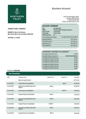 Fake Northern Trust Business Bank Statement