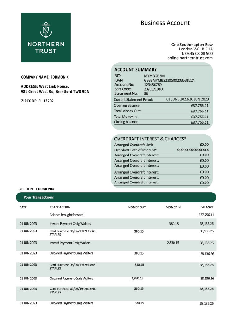 Fake Northern Trust Business Bank Statement