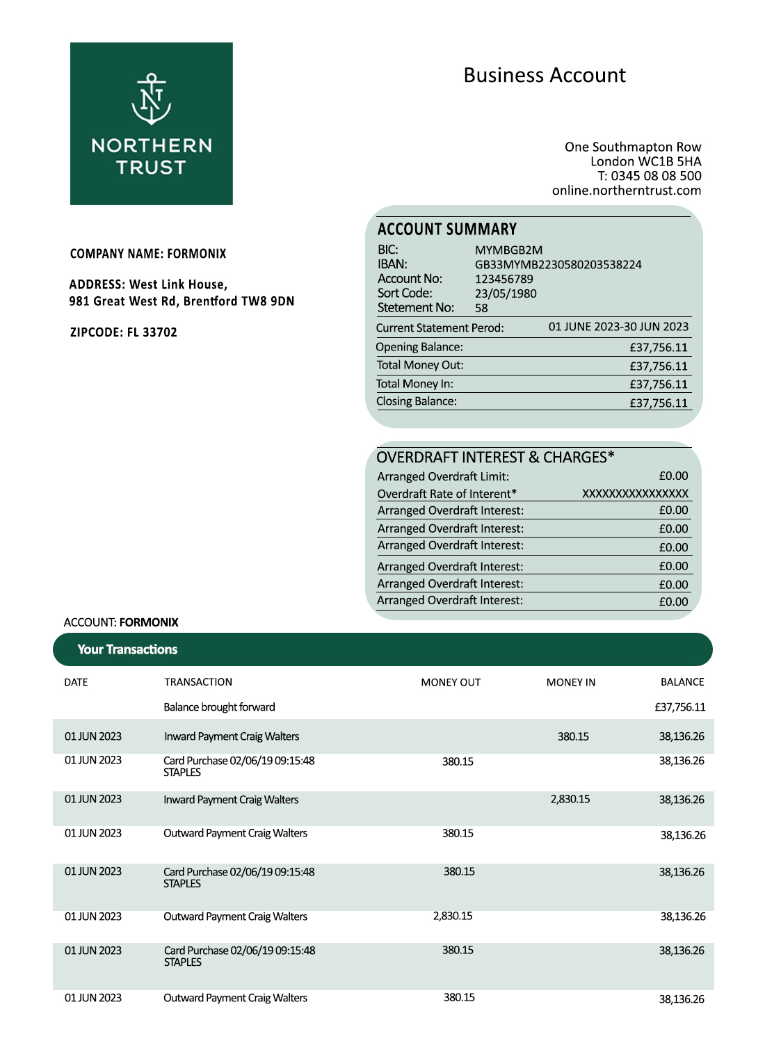 Fake Northern Trust Business Bank Statement