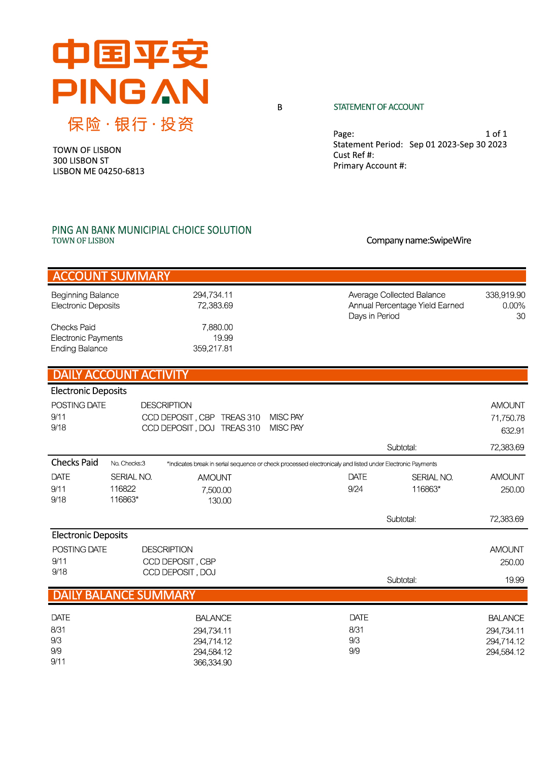 Fake Ping An Business Bank Statement