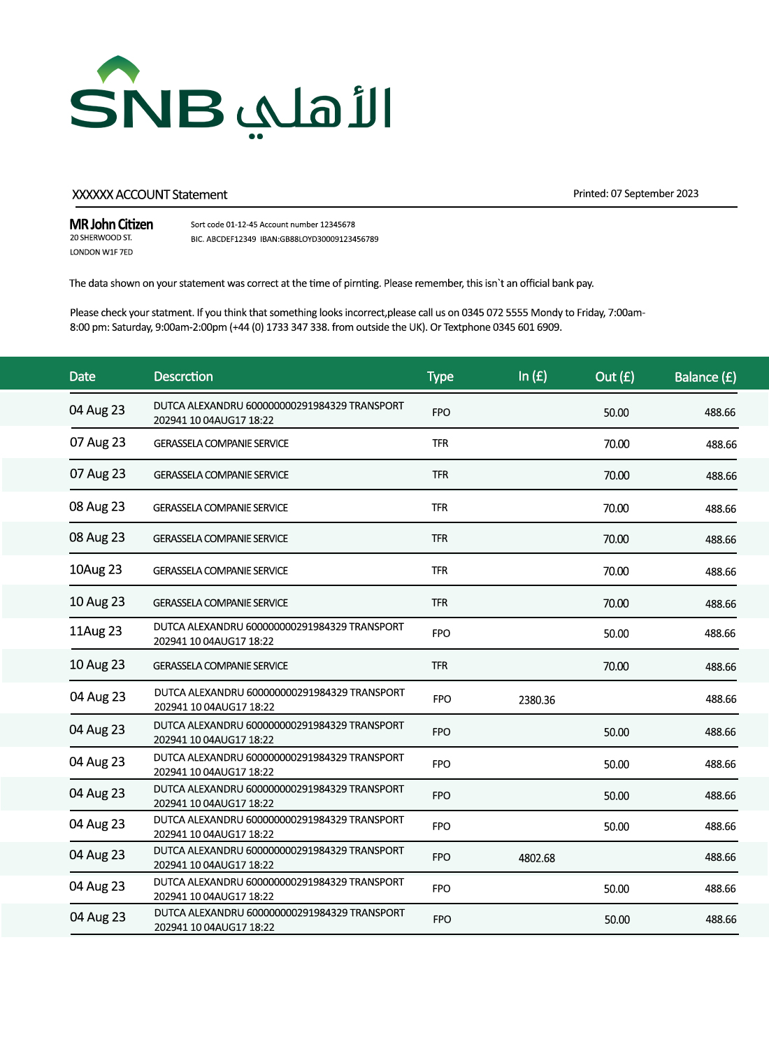 Fake SNB Business Bank Statement