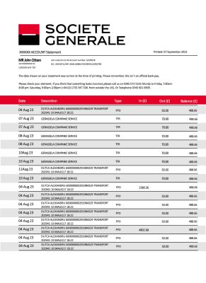 Fake Societe generale Business Bank Statement