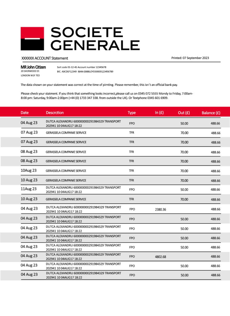 Fake Societe generale Business Bank Statement