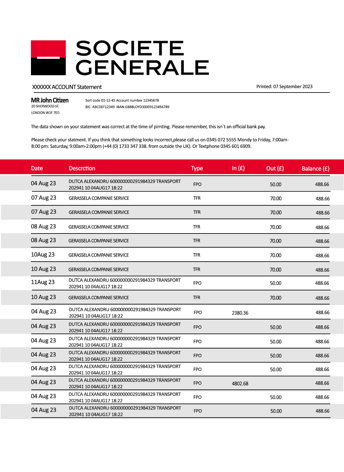 Fake Societe generale Business Bank Statement